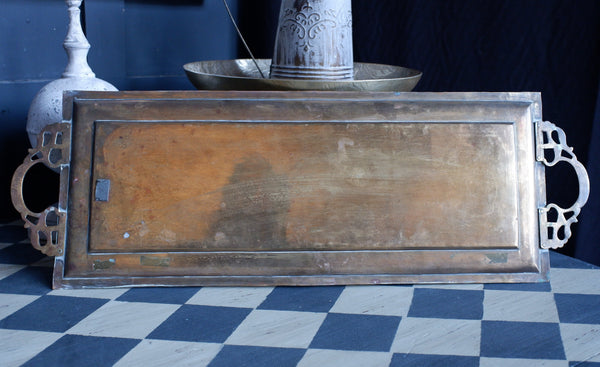 Antique Brass Indian Etched Serving Tray Decorative Metal Rectangular Display