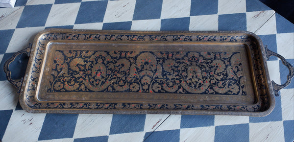 Antique Brass Indian Etched Serving Tray Decorative Metal Rectangular Display