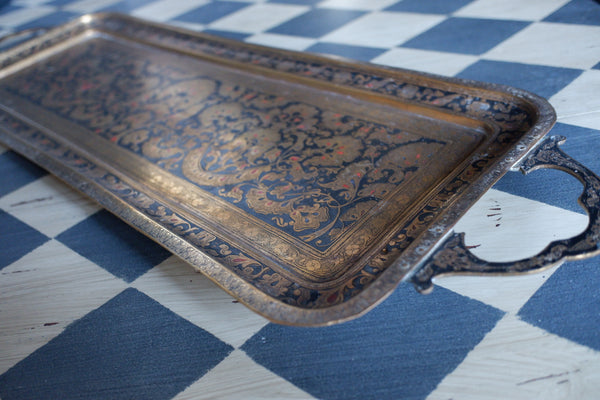 Antique Brass Indian Etched Serving Tray Decorative Metal Rectangular Display