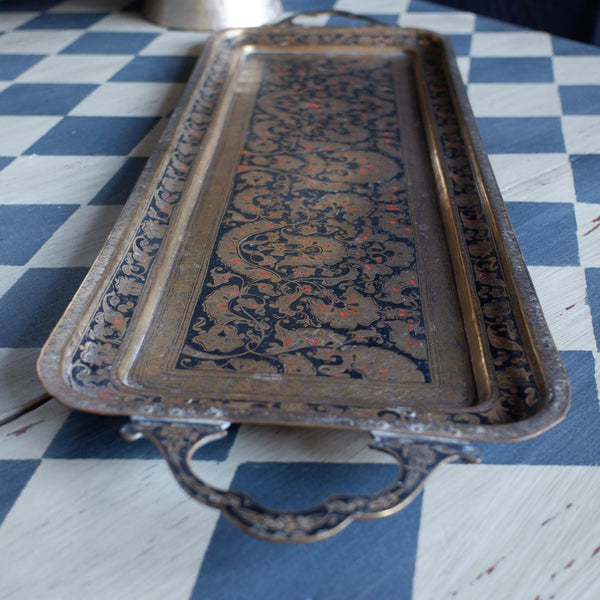 Antique Brass Indian Etched Serving Tray Decorative Metal Rectangular Display