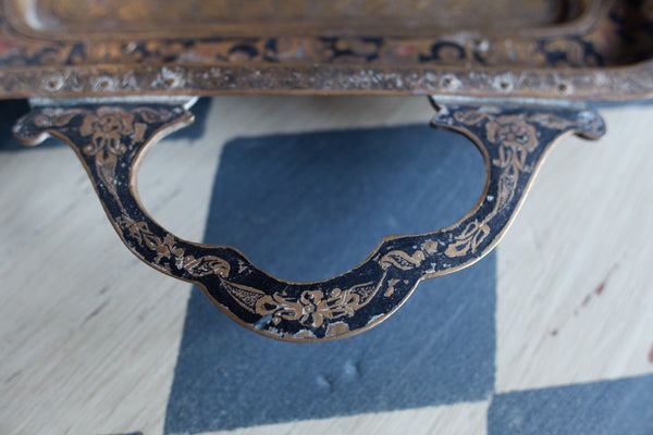 Antique Brass Indian Etched Serving Tray Decorative Metal Rectangular Display