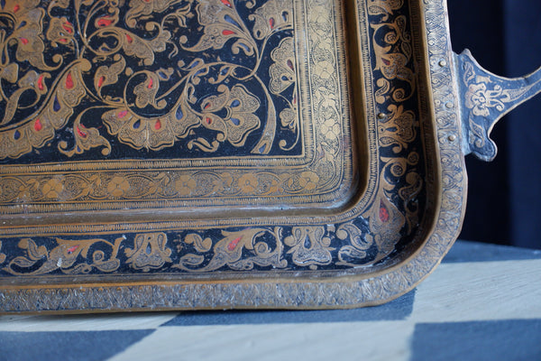 Antique Brass Indian Etched Serving Tray Decorative Metal Rectangular Display