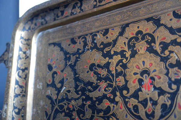 Antique Brass Indian Etched Serving Tray Decorative Metal Rectangular Display