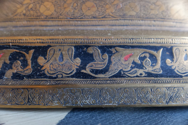 Antique Brass Indian Etched Serving Tray Decorative Metal Rectangular Display