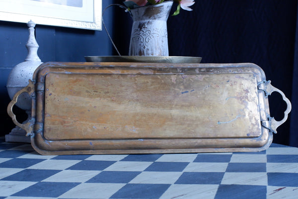 Antique Brass Indian Etched Serving Tray Decorative Metal Rectangular Display