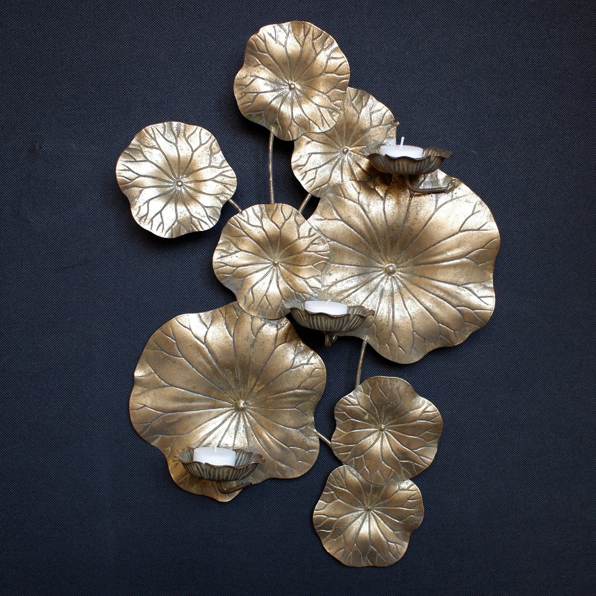 LILY POND Gold Metal Wall Art Sconce Floral 3 Tea Light Candle Holder
