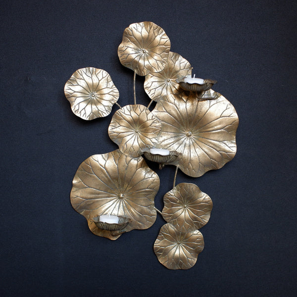 LILY POND Gold Metal Wall Art Sconce Floral Candle Holder