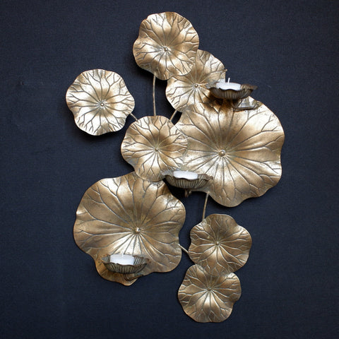 LILY POND Gold Metal Wall Art Sconce Floral 3 Tea Light Candle Holder