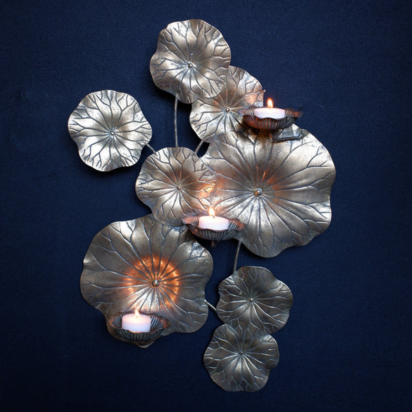 LILY POND Gold Metal Wall Art Sconce Floral Candle Holder