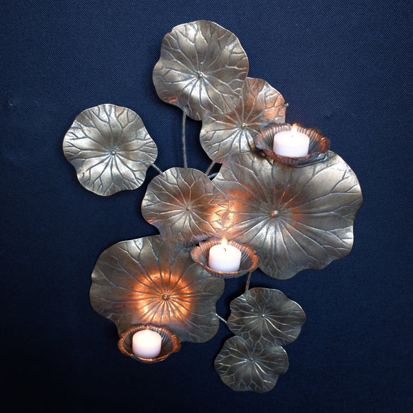 LILY POND Gold Metal Wall Art Sconce Floral Candle Holder