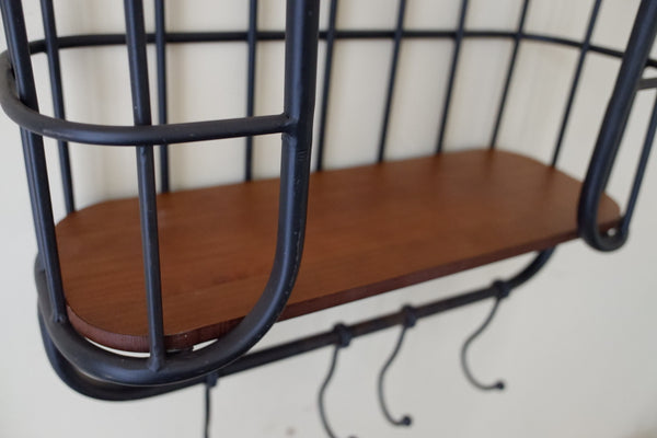 New Vintage RETRO Industrial Black Metal & Wood Caged Shelf Wall Rack w/Hooks