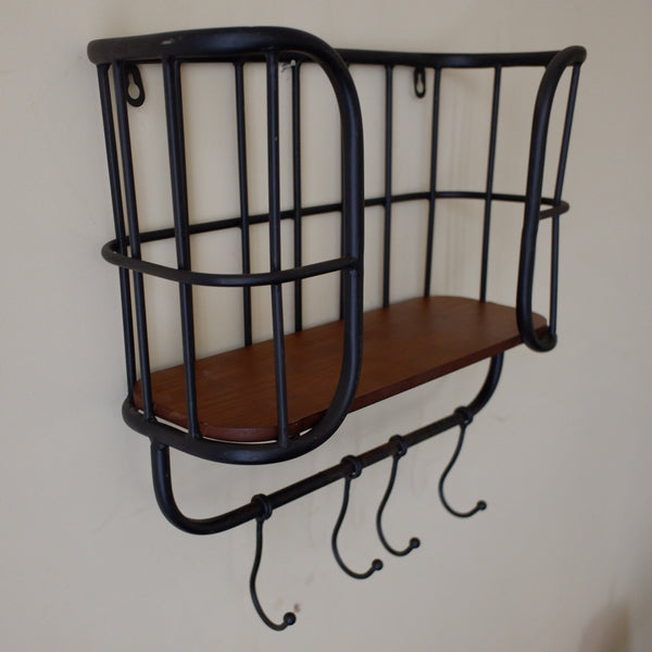 New Vintage RETRO Industrial Black Metal & Wood Caged Shelf Wall Rack w/Hooks