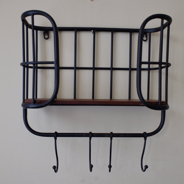 New Vintage RETRO Industrial Black Metal & Wood Caged Shelf Wall Rack w/Hooks