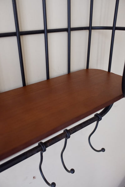 New Vintage RETRO Industrial Black Metal & Wood Caged Shelf Wall Rack w/Hooks