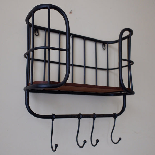 New Vintage RETRO Industrial Black Metal & Wood Caged Shelf Wall Rack w/Hooks