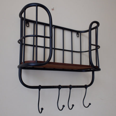 New Vintage RETRO Industrial Black Metal & Wood Caged Shelf Wall Rack w/Hooks
