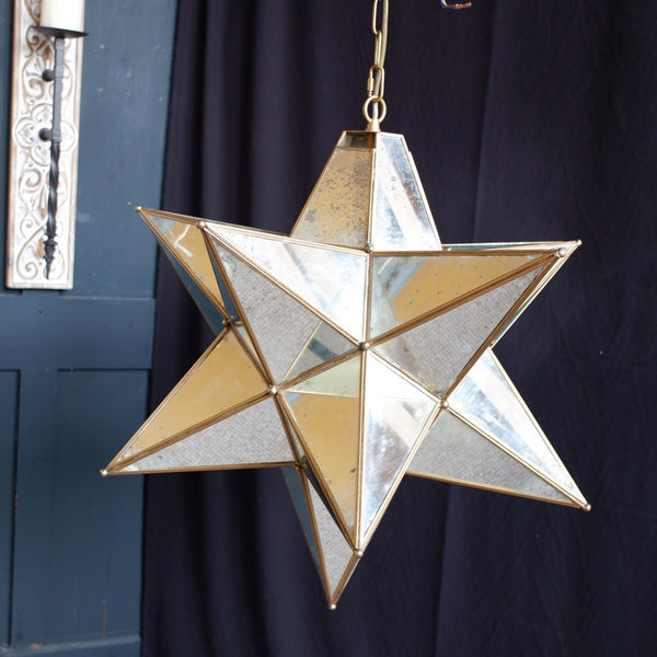 Large STAR Aged Mirror Chandelier Gold Vintage Style Pendant Ceiling Light