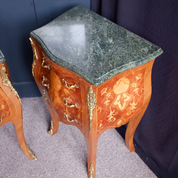 Pair of Vintage French Marble Inlaid Bombe Chest of 3 Drawers Lamp Table Bedside Cabinets