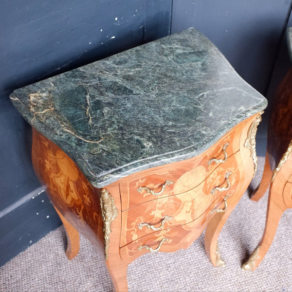 Pair of Vintage French Marble Inlaid Bombe Chest of 3 Drawers Lamp Table Bedside Cabinets