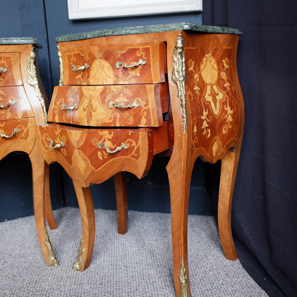 Pair of Vintage French Marble Inlaid Bombe Chest of 3 Drawers Lamp Table Bedside Cabinets