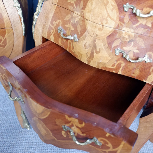 Pair of Vintage French Marble Inlaid Bombe Chest of 3 Drawers Lamp Table Bedside Cabinets