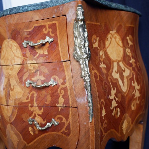 Pair of Vintage French Marble Inlaid Bombe Chest of 3 Drawers Lamp Table Bedside Cabinets