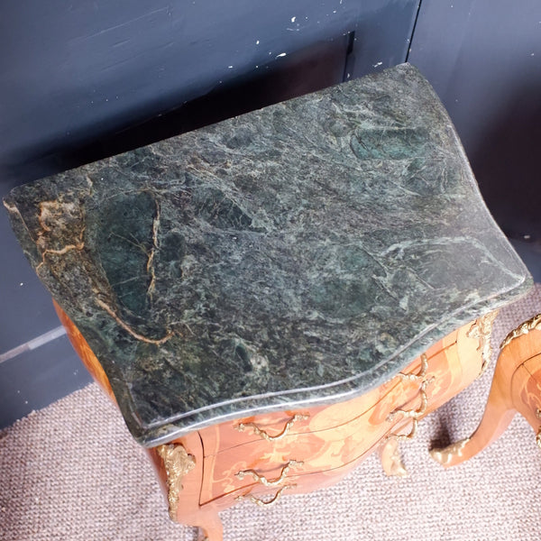 Pair of Vintage French Marble Inlaid Bombe Chest of 3 Drawers Lamp Table Bedside Cabinets