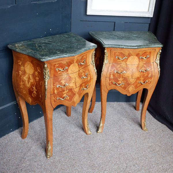 Pair of Vintage French Marble Inlaid Bombe Chest of 3 Drawers Lamp Table Bedside Cabinets