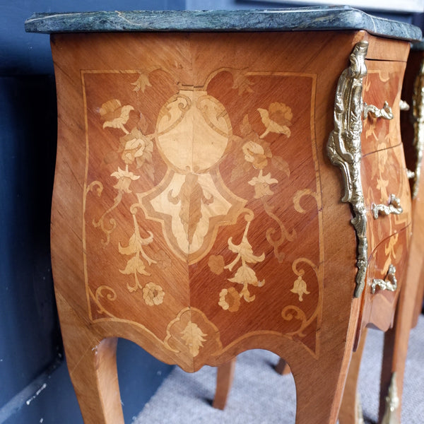 Pair of Vintage French Marble Inlaid Bombe Chest of 3 Drawers Lamp Table Bedside Cabinets