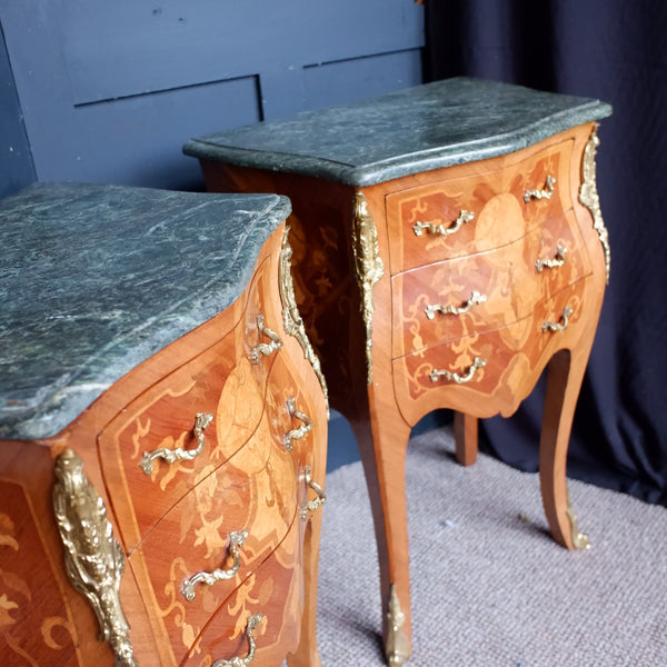 Pair of Vintage French Marble Inlaid Bombe Chest of 3 Drawers Lamp Table Bedside Cabinets