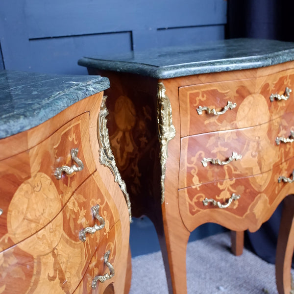 Pair of Vintage French Marble Inlaid Bombe Chest of 3 Drawers Lamp Table Bedside Cabinets