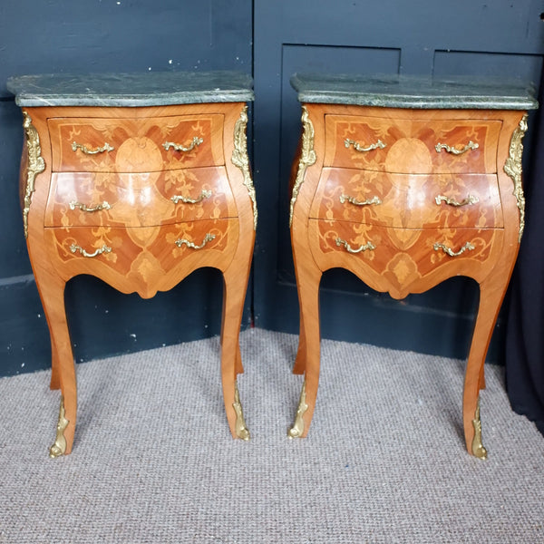 Pair of Vintage French Marble Inlaid Bombe Chest of 3 Drawers Lamp Table Bedside Cabinets