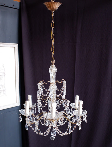 Antique French 6 Arm Cut Glass Crystal Tiered Chandelier Pendant Gold Ceiling Light