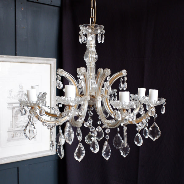 Antique French 8 Arm Lead Crystal Chandelier Gold Pendant Ceiling Light