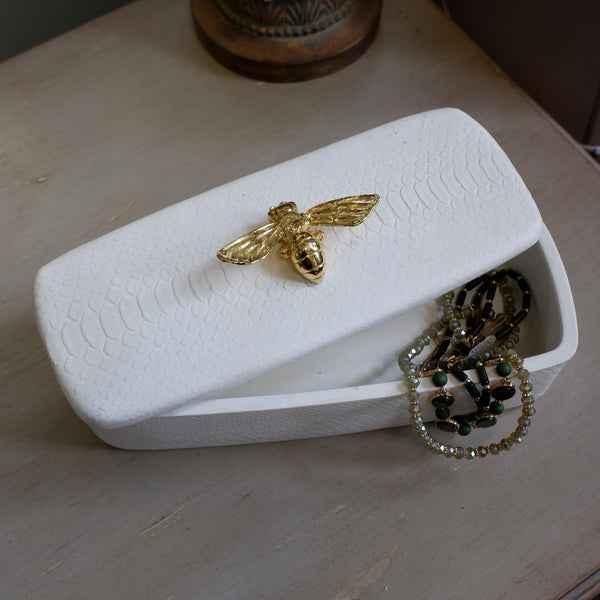 New White & Gold Trinket Honey BEE Jewellery Box w/Lid