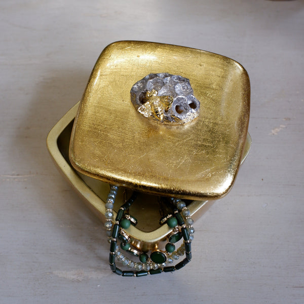 New Gold Gilt Trinket Honey BEE Compact Jewellery Box w/Lid Square
