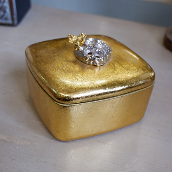 New Gold Gilt Trinket Honey BEE Compact Jewellery Box w/Lid Square