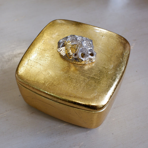 New Gold Gilt Trinket Honey BEE Compact Jewellery Box w/Lid Square