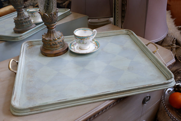 Antique Edwardian Walnut & Brass Painted Serving Tray Rectangular w/Handles