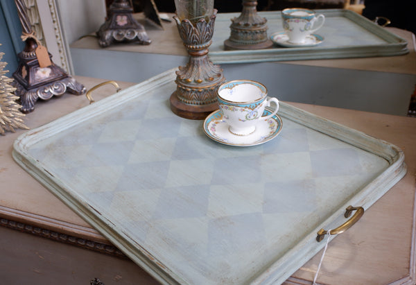 Antique Edwardian Walnut & Brass Painted Serving Tray Rectangular w/Handles