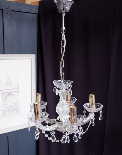Vintage French 5 Arm Glass Crystal Chandelier Silver Pendant Ceiling Light