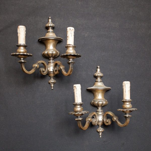 Pair of Vintage French Silver Pewter Double Arm Urn Wall Lights Regency Style
