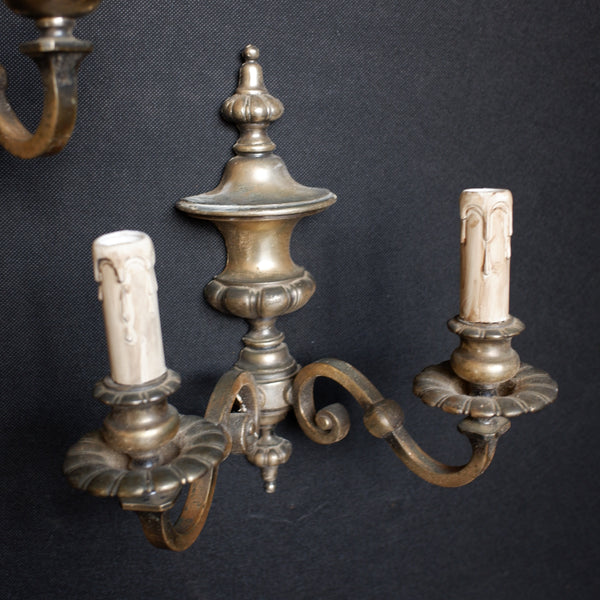 Pair of Vintage French Silver Pewter Double Arm Urn Wall Lights Regency Style