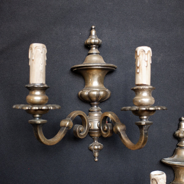 Pair of Vintage French Silver Pewter Double Arm Urn Wall Lights Regency Style