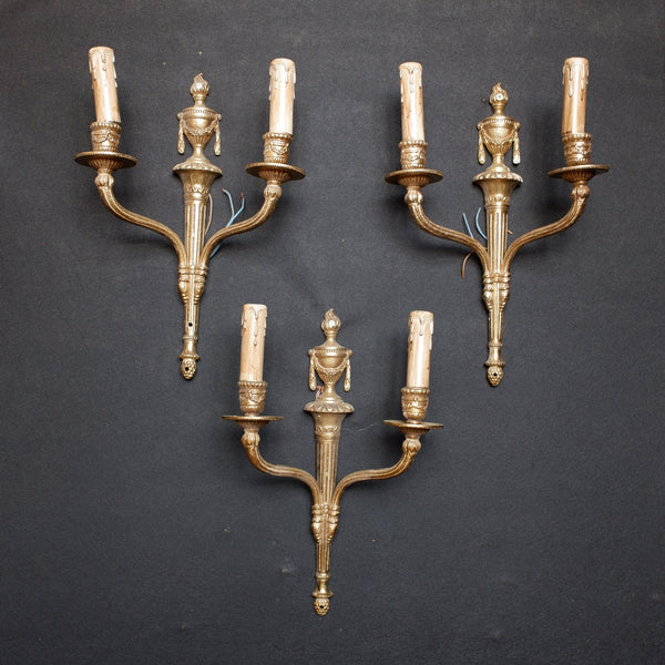 Set of 3 Vintage French Gold Brass Double Arm Wall Lights Regency 