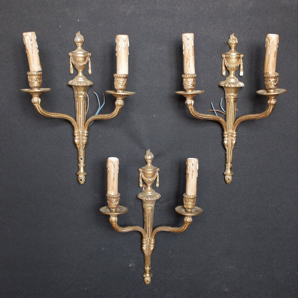 Set of 3 Vintage French Gold Brass Double Arm Wall Lights Regency Style