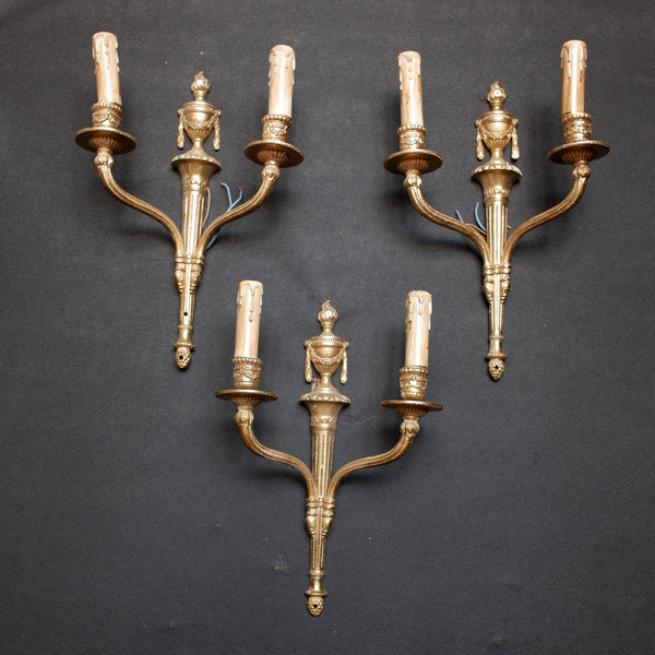 Set of 3 Vintage French Gold Brass Double Arm Wall Lights Regency 