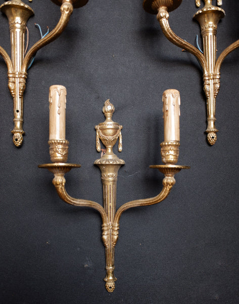 Set of 3 Vintage French Gold Brass Double Arm Wall Lights Regency 