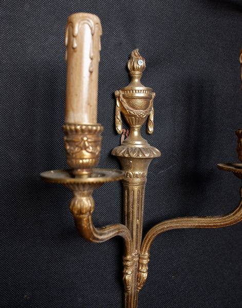 Set of 3 Vintage French Gold Brass Double Arm Wall Lights Regency 