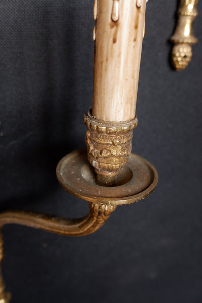 Set of 3 Vintage French Gold Brass Double Arm Wall Lights Regency 